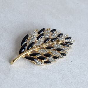 Vintage Leaf Branch Brooch Black Gold Clear Rhinestone Crystals Statement Pin